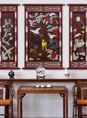 新中式中堂画客厅装饰画农村老房子松鹤延年福禄寿玉石画玉雕挂画