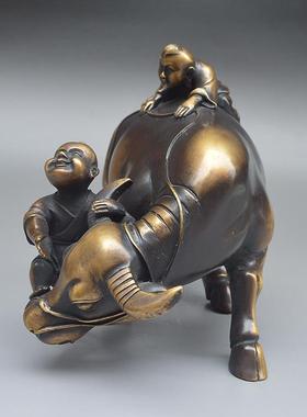 高档纯铜黄招饰财聚财铜牛工艺品摆件牧童骑戏牛客铜厅公室装品办