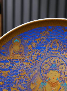 景德镇陶瓷复古四臂度母金刚矾佛像红描金瓷盘子赏盘摆件藏式装饰