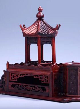 大酸枝木聚缘六角亭笔筒木质工艺品家居摆件送礼佳品