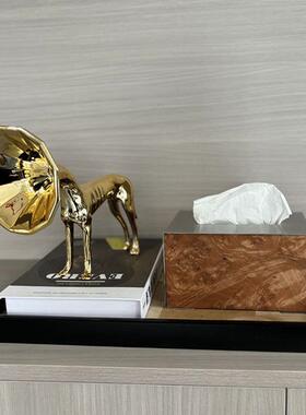 轻奢现纹代不锈钢木纸巾盒样间板公室JYW客厅桌面装饰抽纸盒办摆