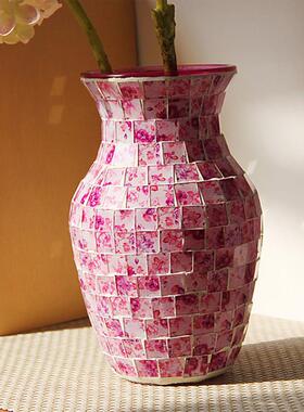 跨境货源欧式田园粉紫马赛克玻璃花瓶时尚家居客餐厅装饰摆设
