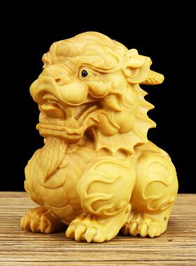 黄杨招财纳福木雕麒麟半手工实木制工艺品家居摆设饰品