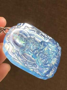 天然海蓝宝玉石普贤菩萨观音吊坠海蓝宝原石手链蓝宝水晶原石