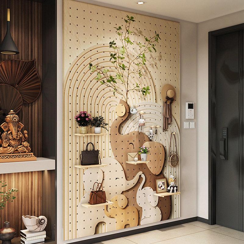 Customized entrance hall elephant solid wood hole board storage rack creative wall decoration storage shelf blocking shape