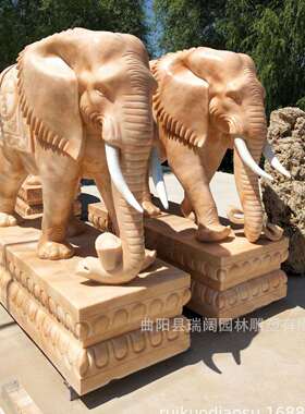 石雕大象一对汉白玉芝麻白大象吉祥如意庭院门口晚霞红摆件
