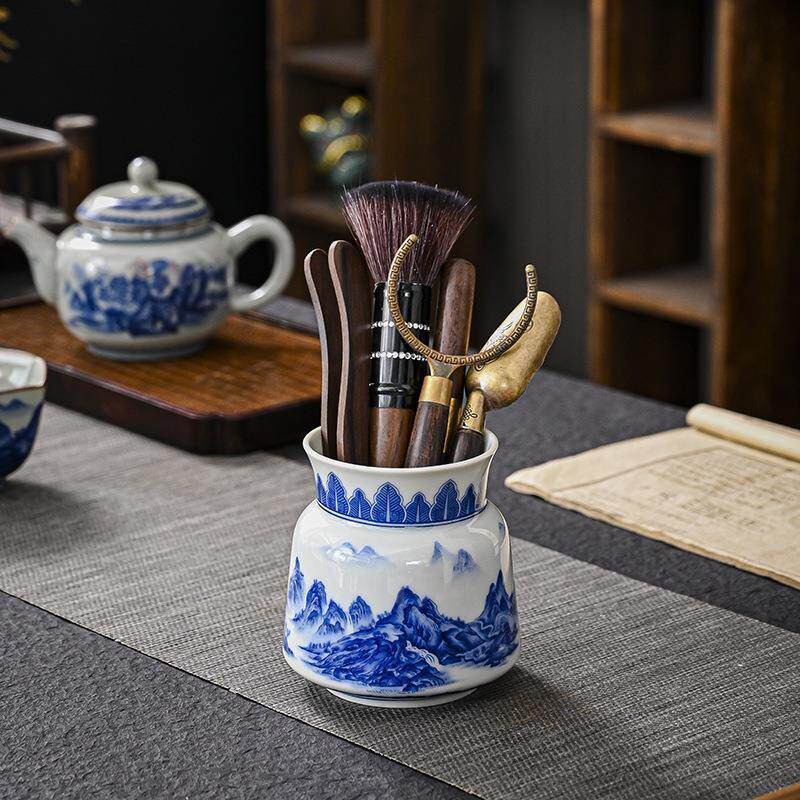 Blue and white porcelain tea ceremony Six Gentlemen Kung Fu tea set accessories landscape painting set ceramic tea brewing tools tea knife clip