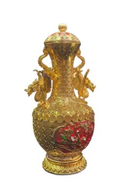 杂项仿古做旧纯铜鎏金双龙耳玄关摆件树脂金色花瓶摆设工艺品