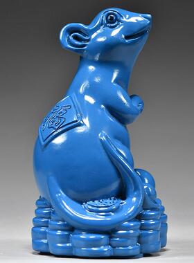 蓝色实木质老鼠摆件木制十二生肖木头鼠吉祥物家居装饰品