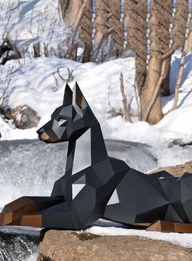 100厘米长 卧立杜宾犬现代创意纸模立体家居装饰落地大型动物摆件