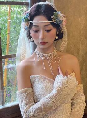 欧美风仿珍珠项链串珠流苏多层颈链个性级感造型新娘头饰品配饰