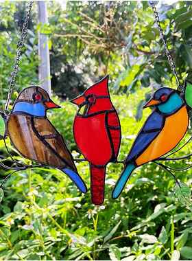 货源彩色玻璃工艺品玻璃小鸟挂饰三只鸟挂件园林窗户挂件礼品