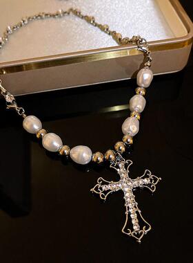 Fashion ins wind hip hop retro pearl necklace Christian cros