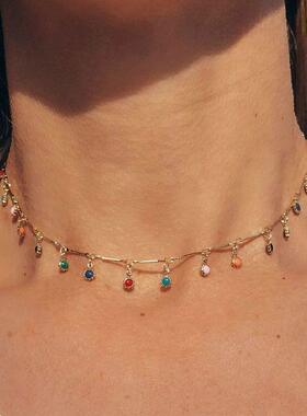 necklace women jewelry合金颈炼 炼  覆古彩色米珠流苏吊坠单层