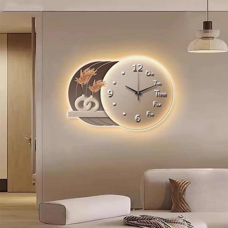 现代轻奢餐厅装饰画钟表画饭厅创意时钟挂件餐桌墙面花瓶带灯挂画,淘宝优惠券,粉丝福利购,淘宝优惠卷