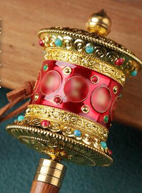 藏式家用手持手动转轮浮雕镶嵌宝石迷你合金六字手摇转桶工艺摆饰