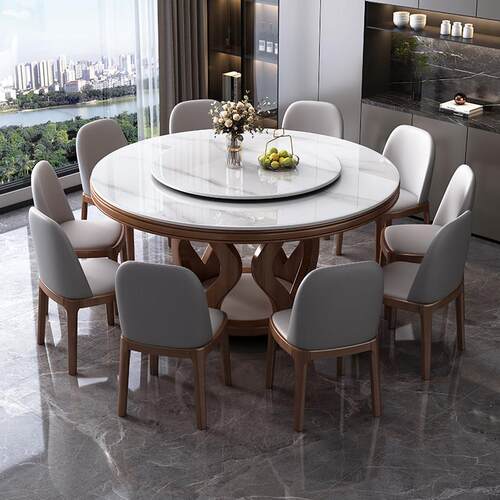 意式高端岩板实木餐桌椅组合家用小户型现代简约圆形带转盘饭桌子 - 图1