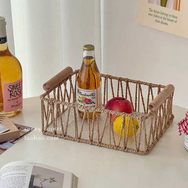 Ins retro wrought iron handheld storage basket rectangular desktop storage woven finishing frame fruit debris storage basket