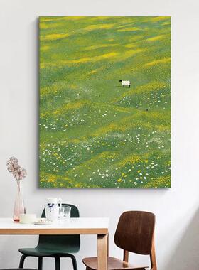 玄关小众艺术挂画绿色大草原风景客厅装饰壁画田园风绵羊手绘油画