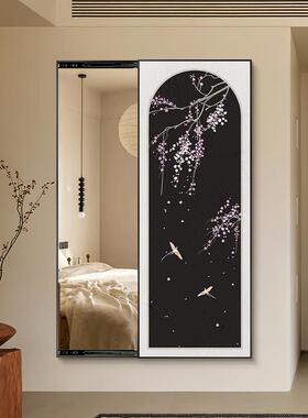 中古风挂画推拉全身镜玄关隐形穿衣镜装饰画新中式