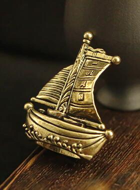 新款实心黄铜仿古一帆风顺元宝帆船摆件乘风破浪桌面装饰铜摆件