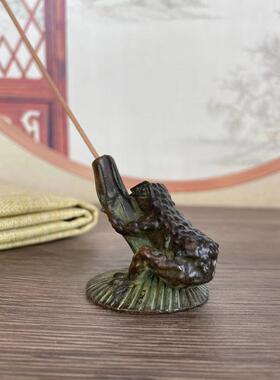 仿古铜器荷叶青蛙香插线香插座茶道茶艺铜艺小摆件小铜件古玩器