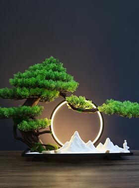 创意彷真新中式迎客松盆景绿植酒店家居玄关软装饰品简约造景摆件