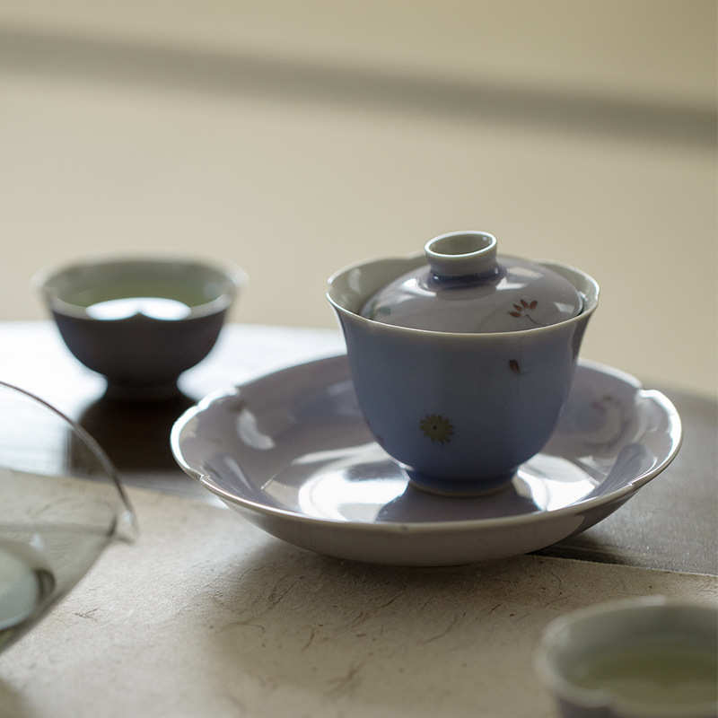 Bunch carving Hibiscus purple hand-painted flower flower mouth pot Cheng Kung Fu tea set dry brew tea mat dry brewing plate tea table