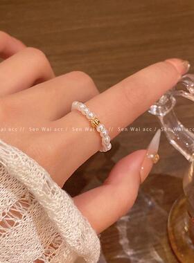 弹力绳可调珍珠串珠戒指女复古小众简约金色球指环戒新款个性手饰