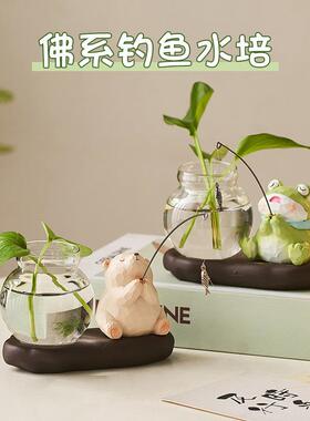 小猫钓鱼玻璃花瓶水培绿植摆件装饰品办公室桌面工位氛围布置好物