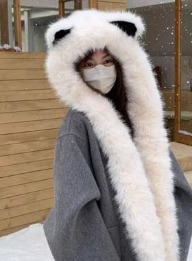 毛绒绒加厚狐狸耳朵帽子围巾一体女2025年秋冬季保暖雷锋帽白色
