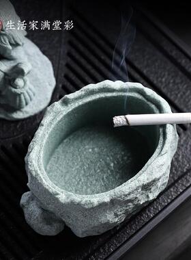 创意中式大号钓鱼老翁青砂石烟灰缸带盖子防飞灰家用客厅办公室烟
