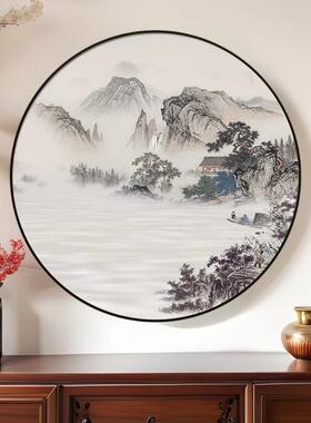新中入户关圆形装饰画客厅走廊YEI山水画茶挂画室禅式意水墨玄画