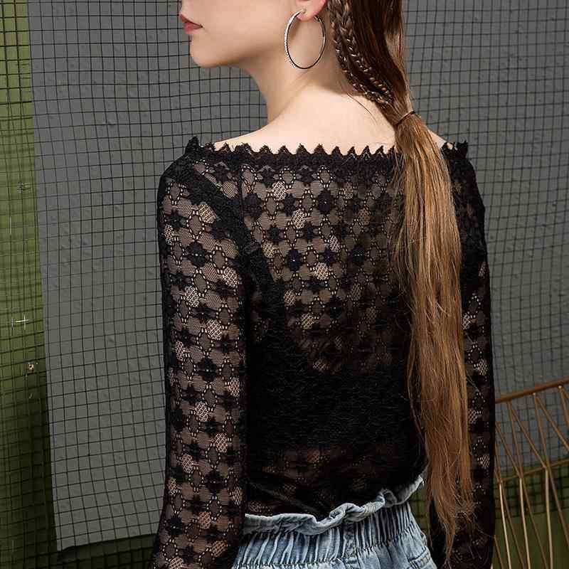 秋季新款一字领露肩蕾丝打底衫女修身喇叭袖洋气长袖欧货小衫,淘宝优惠券,粉丝福利购,淘宝优惠卷