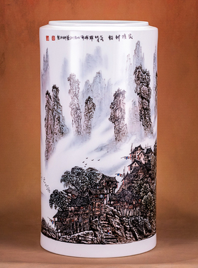 重工山水陶瓷花瓶陶瓷大师罗拥军手绘客厅插花瓶家居装饰陈列摆件