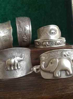 泰国清迈手工银手镯大象手镯银饰品女复古首饰古法开口银镯高档