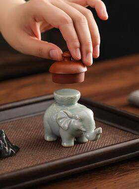 原矿汝窑茶器盖置彷古陶瓷大象茶宠摆件壶承盖托茶道配件开片可养