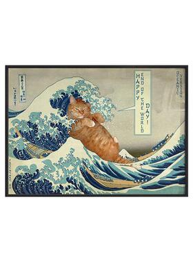 猫世绘肥葛饰北斋浮餐厅日式浪装饰画神奈川冲里20200618富士山海