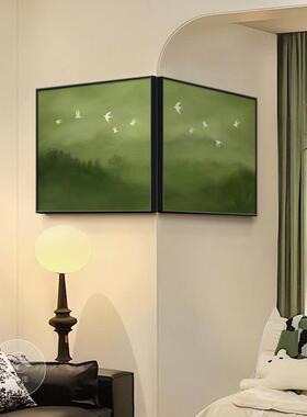 中古风客厅转角装饰画画绿色治愈系小众艺术挂画画饭厅飞鸟创意拐