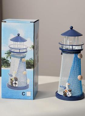 地中海铁皮电子灯塔摆件可发光桌面海洋风拍摄影道具边旅游纪念品