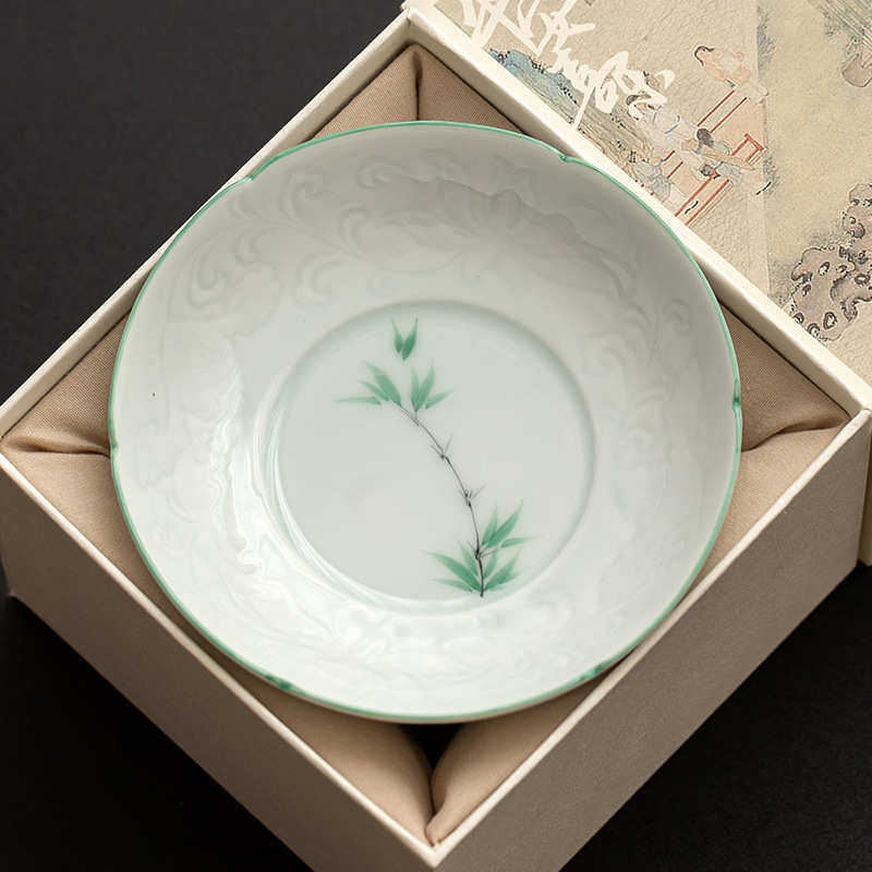 手绘绿竹葵口壶承干泡台德化白瓷功夫茶壶垫中式点心盘水果盘托盘,淘宝优惠券,粉丝福利购,淘宝优惠卷