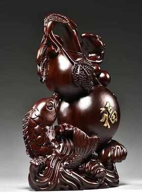 黑檀木雕刻福禄有鱼葫芦摆件实木质家居送礼办公室装饰摆设工艺品