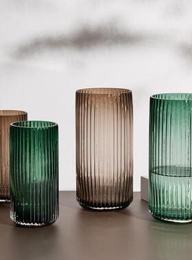 罗马柱简约竖条纹加厚玻璃花瓶插瓶身绿色灰色弧形底花器桌面摆件