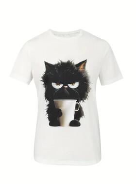 Cat pattern printed T-shirt short sleeved round neck top