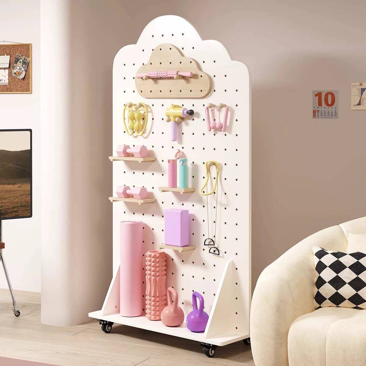 Solid wood hole board yoga fitness equipment storage and organization vertical display rack removable pulley screen storage rack