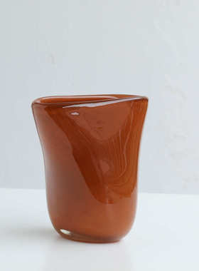 简约现代琉璃花瓶插花摆件橘色厚重扁口异形花器家居软装饰品批发