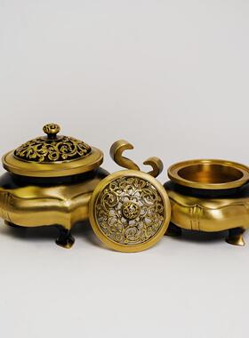 仿古黄铜香炉海棠朝冠耳三足炉室内香道熏香炉家用茶道摆件