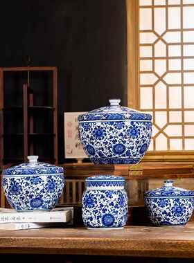 帛画景德镇青花缠枝莲带盖茶缸醒茶罐陶瓷储物罐彷古中式陶瓷摆件