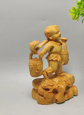 崖柏黄杨木运财童子摆件实木雕刻送财善财童子办公室桌面木工艺礼