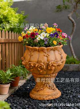 品欧式做旧玫花盆创意瑰浮雕花台园庭院阳展示装饰JMM婚礼新道具